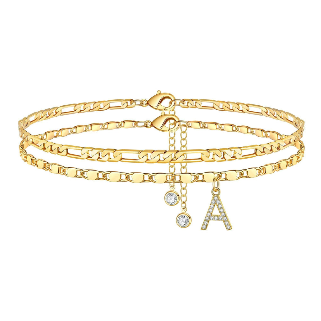 [Australia] - Ursteel Ankle Bracelets for Women, 14K Gold Plated Dainty Layered Figaro Chain CZ Initial Anklets Set Summer Jewelry Gifts for Women Teen Girls A 