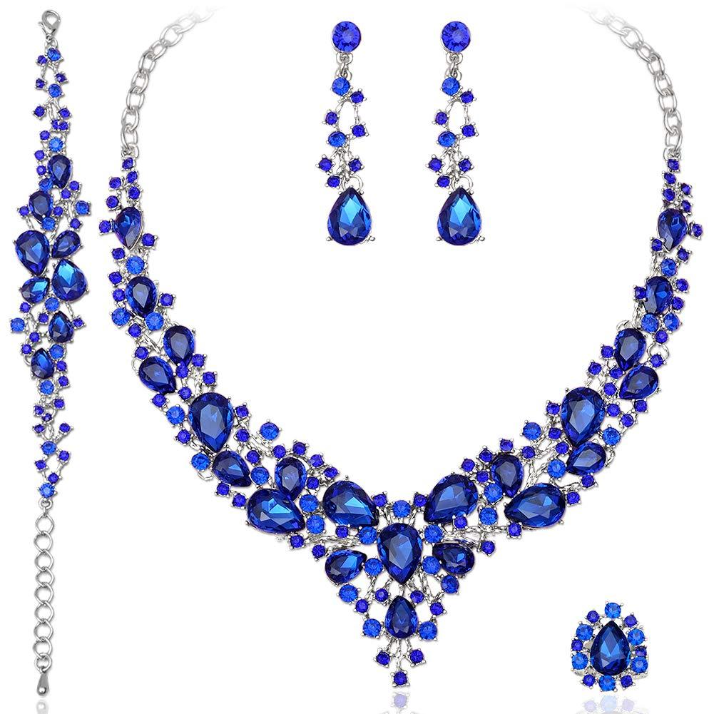 [Australia] - 4 Pcs/Set Austrian Crystal Necklace Earrings Bracelet Ring Bridal Jewelry Sets for Brides Wedding Party Costume Accessories Gifts for Women white gold plated-royal blue 