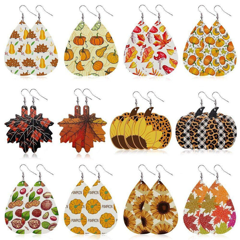 [Australia] - Stology Fall Faux Leather Earrings for Women Set of 12, Autumn Teardrop Dangle Earrings Bulk Pumpkin Sunflower Maple Leaf Leopard Plaid Thanksgiving Jewelry Fashion Accessory 