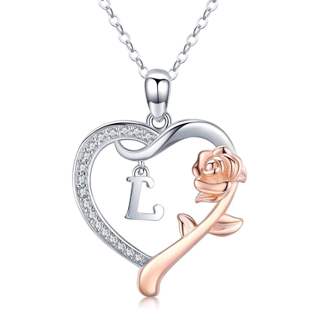 [Australia] - JUSTKIDSTOY Rose Gold Initial Letter Necklaces for Women S925 Sterling Silver Love Heart Letters with Rose Flower Pendant Birthday Jewelry Gifts. L 