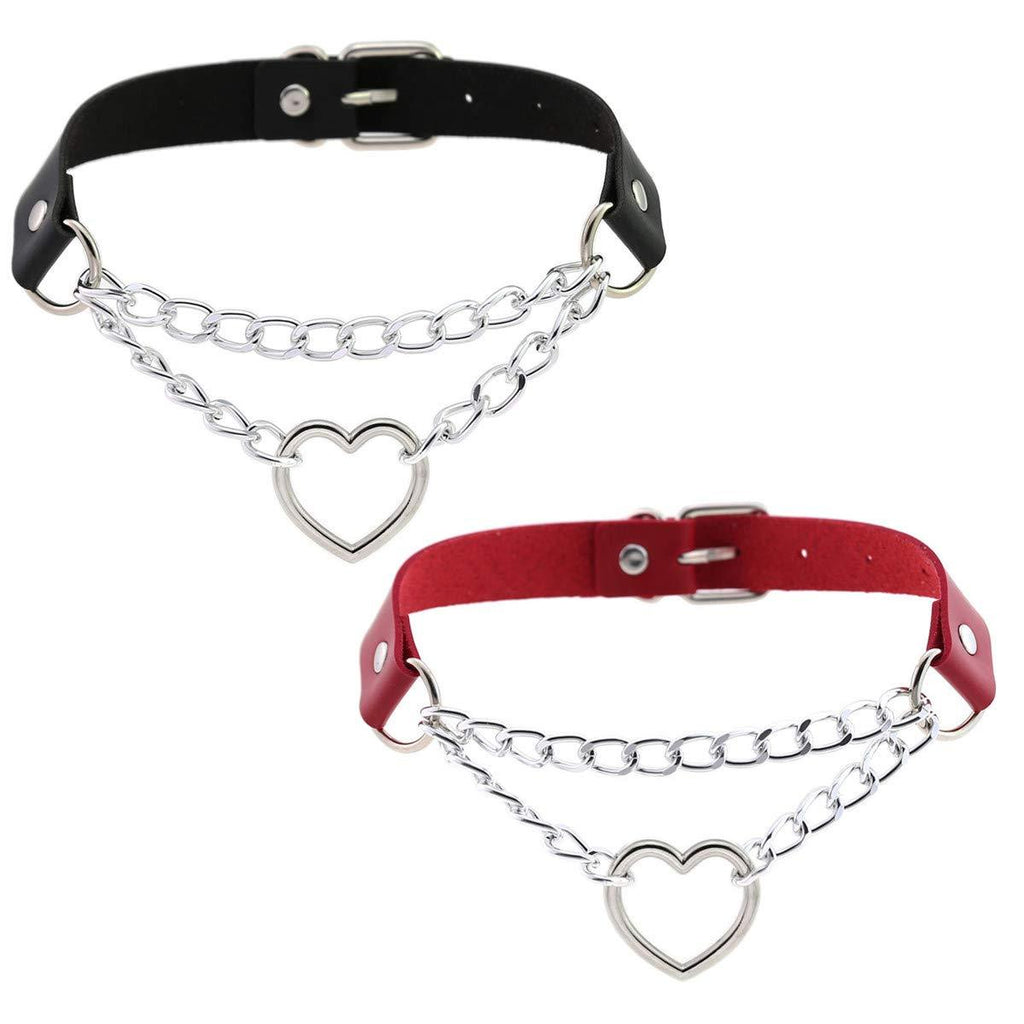 [Australia] - 2 Pcs PU Leather Gothic Punk Choker Collar Necklace - Adjustable Black and Red 