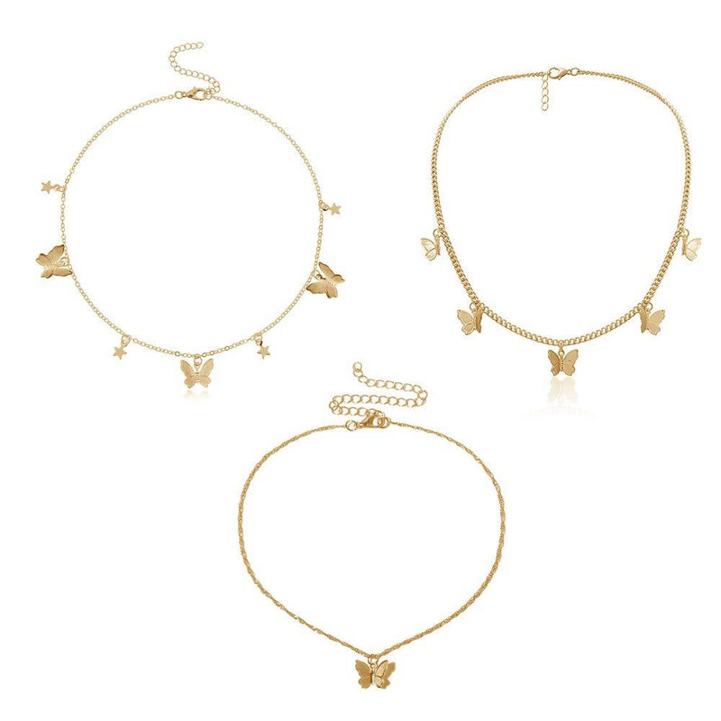 [Australia] - 4 Sets Layered Choker Necklace Gold Butterfly Star Moon Heart Pendant Necklace Cute Vsco Multilayer Chain Choker Necklace for women teen girl Butterfly Gold 