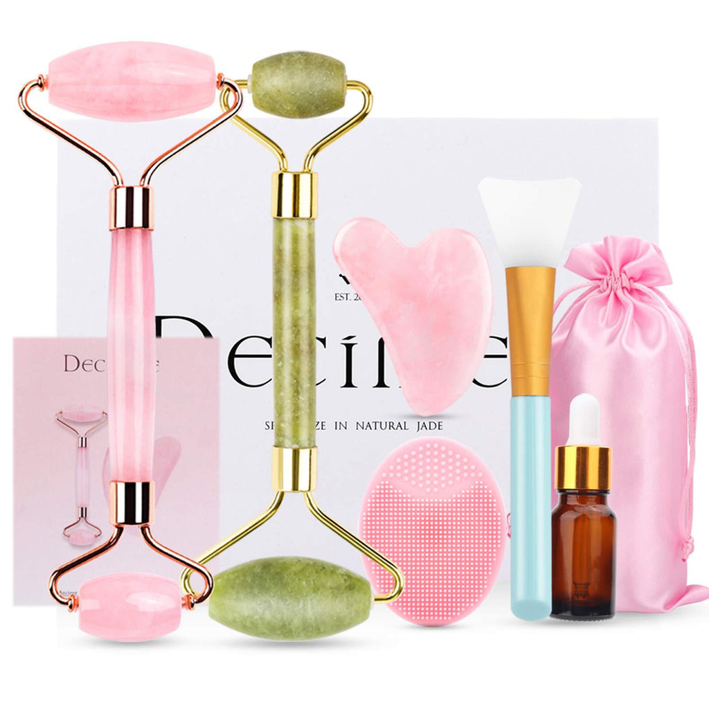 [Australia] - Deciniee Jade Roller for Face,Gua Sha Massage Tool,Rose Quartz Jade Roller and Gua Sha 6 in 1 Face Massager Women Gift Set,Anti-Aging Authentic Facial Beauty Roller-Rejuvenate Skin and Remove Wrinkles 