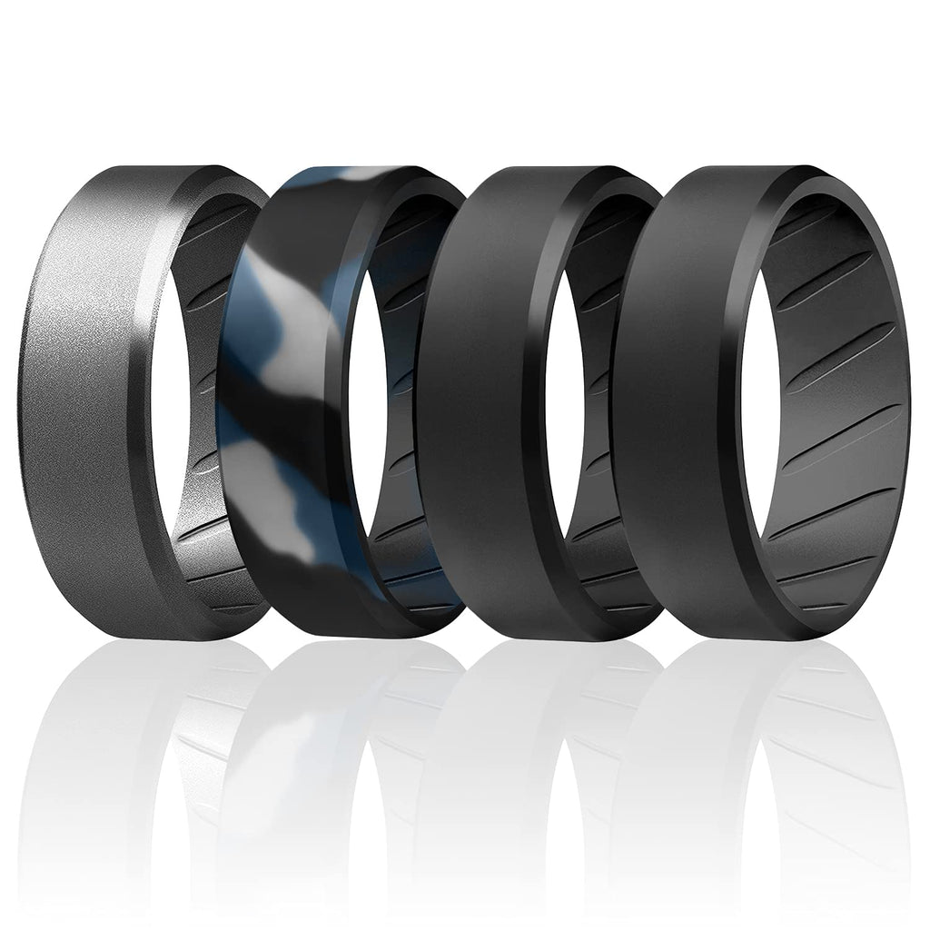 [Australia] - ROQ Silicone Wedding Rings for Men - Breathable Multipacks of 1/4/6 Mens Silicone Rubber Bands with Comfort Fit Airflow Design - 8mm Beveled Dark Silver, Black, Grey, Black-Blue Camo 7.5 - 8 (17.3mm) 