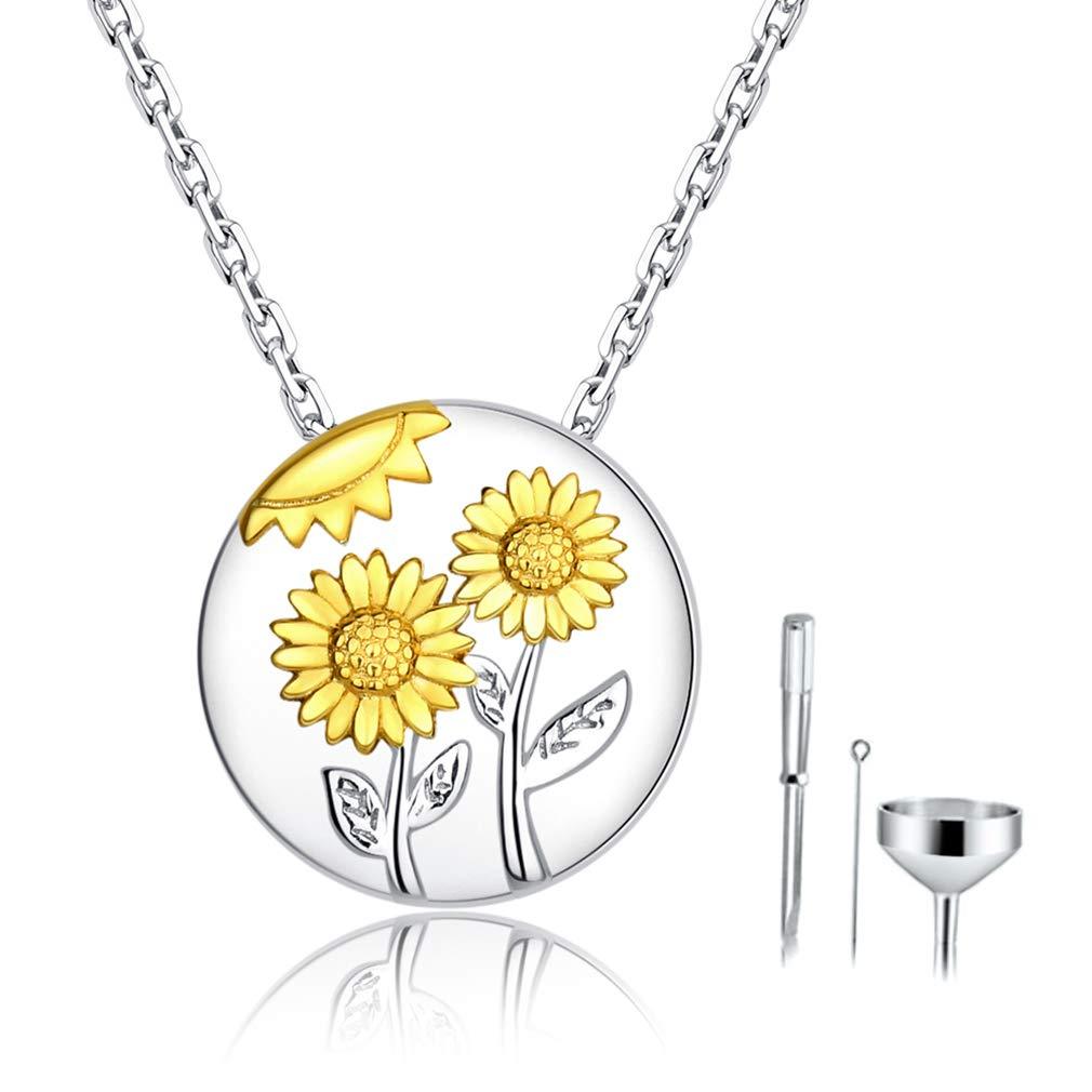 [Australia] - Bolelis 925-Sterling-Silver Sunflower Urn-Pendant-Necklace - Necklace Memorial Ashes,Forever in My Heart Pendant Jewelry for Women,Funnel Filler Kit(Chain 18"+2") Round Sunflower urn necklace 