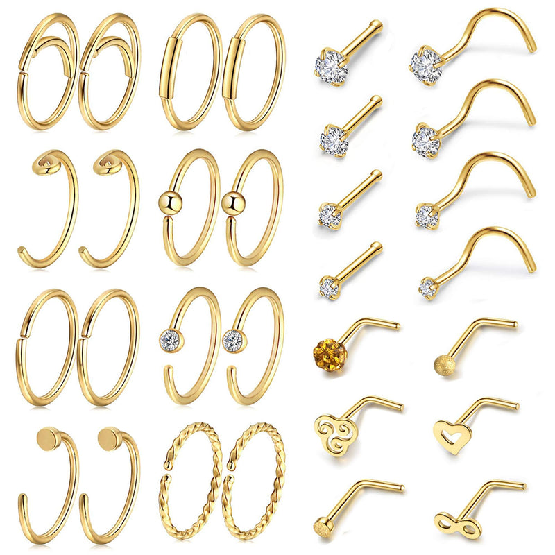 [Australia] - AllerPierce 20G Nose Rings Set 30-40Pcs Bone Screw L Shaped Nose Studs Hypoallergenic Tragus Cartilage Nose Ring Hoop Stainless Steel Nose Piercing Jewelry for Women Men Style 1 - Gold 