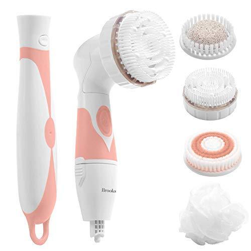 [Australia] - Brookstone Multi Face and Body Cleansing Brush Set for Deep Cleansing and Gentle Exfoliating, Removes Dead Skin Cells and Rejuvenates Skin, Rotating Head, Waterproof Design Face and Body Brush Set- White/Pink 