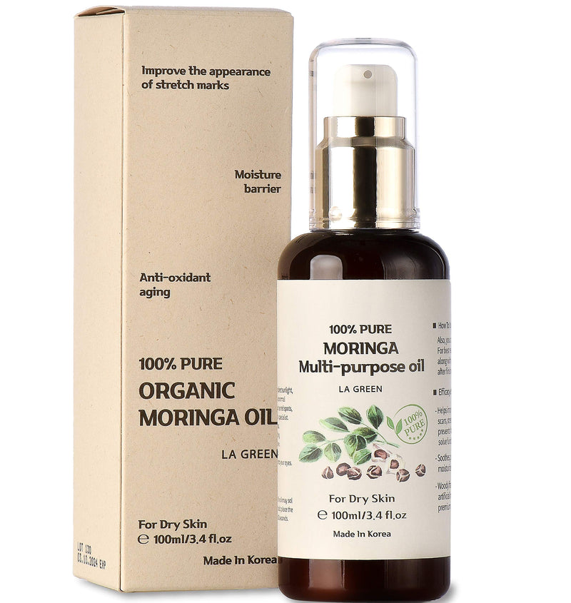 [Australia] - USDA Organic Moringa Oil Pure Multi purpose Skin Oil - for Face, Body, Hair - Food Grade, Oral Consumption - USDA Certified, Non GMO, Cold Pressed, Unrefined. bottle with Pump. Face Oil(3.4 fl oz) LA GREEN 
