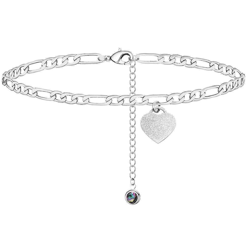 [Australia] - Winhime Heart Ankle Bracelets for Women, Silver/14K Gold Plated Anklets, Premium Stainless Steel Foot Anklet, Adjustable Figaro Chain Anklets with Cubic Zirconia and Heart Charm for Teen Girls 