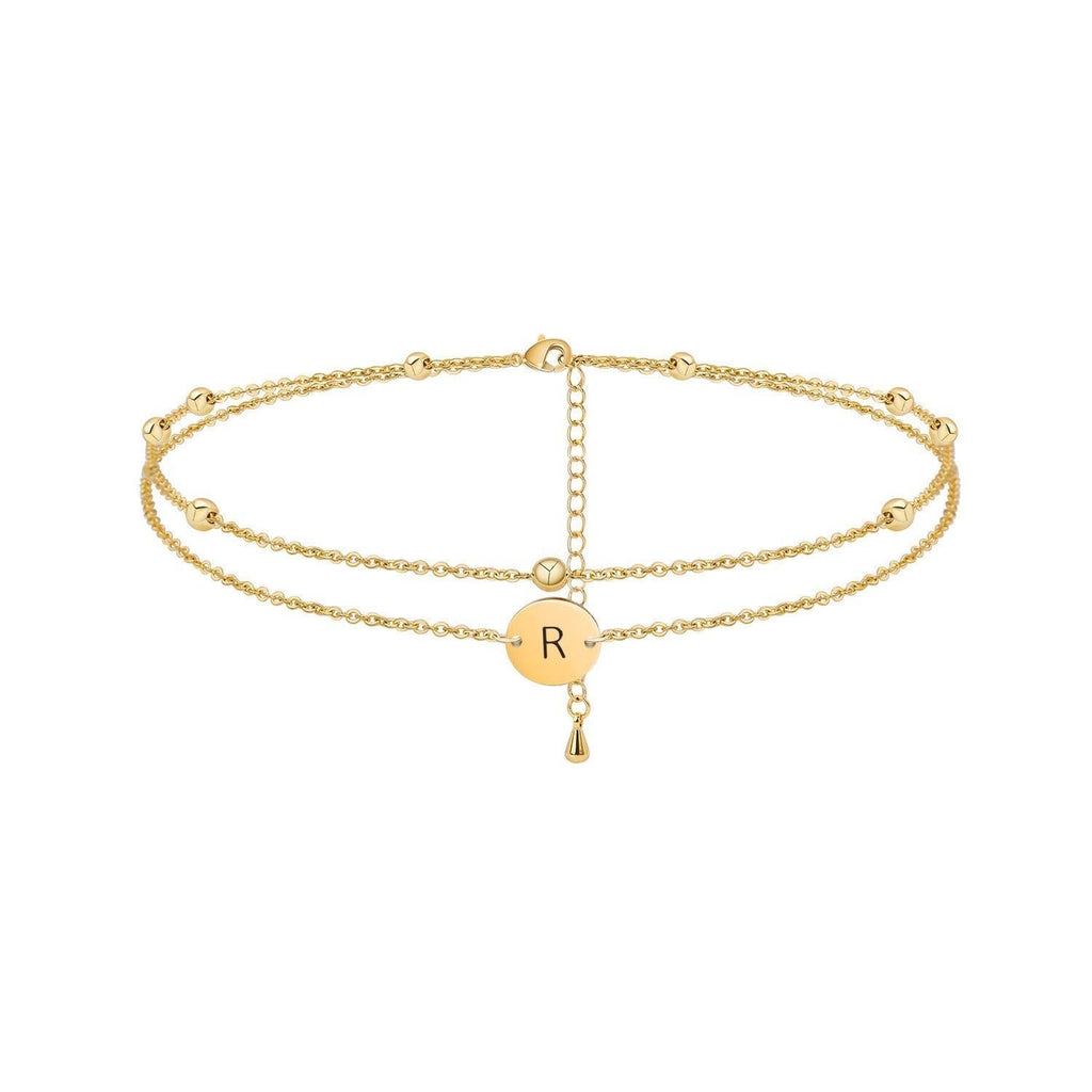 [Australia] - Initial Disc Ankle Bracelet Layered Letters A to Z Alphabet Beads Chain Anklet for Women 14K Real Gold Plated R 