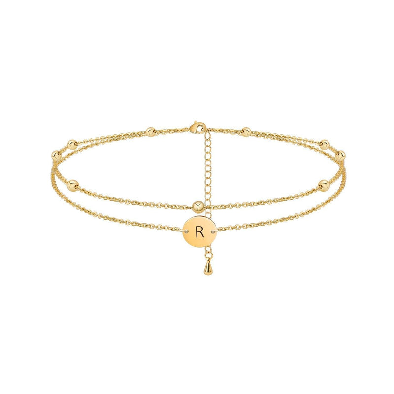 [Australia] - Initial Disc Ankle Bracelet Layered Letters A to Z Alphabet Beads Chain Anklet for Women 14K Real Gold Plated R 