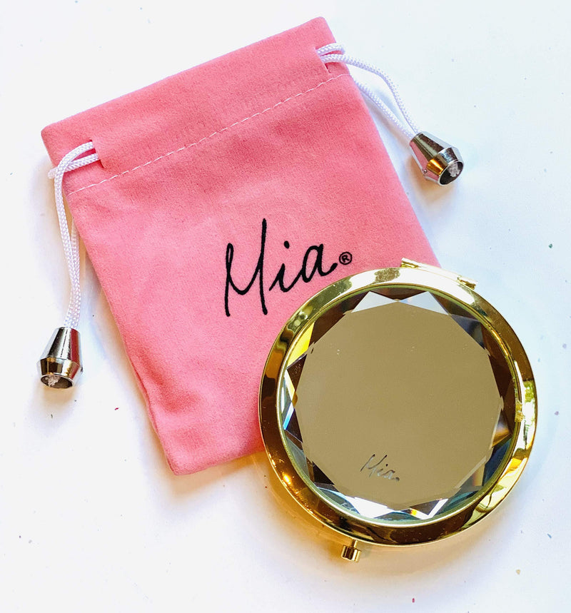 [Australia] - Mia Beauty Jeweled Compact Mirror | Make Up Purse Mirror | 2x/1x Double Sided | for Women, Bridesmaids, Gift | Gold Plated Metal + Clear Glass Rhinestone 