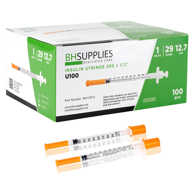 [Australia] - BH Supplies Insulin Syringes U-100 29G 1ml/cc 1/2" (12.7mm) Pack of 100 Pcs 