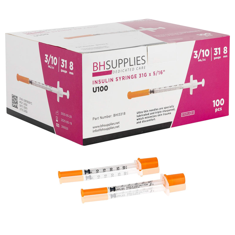 [Australia] - BH Supplies Insulin Syringes U-100 for 30 Units 31G .3ml/cc 5/16" (8mm) Pack of 100 Pcs 