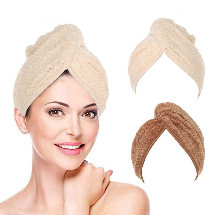 [Australia] - Avanlin Hair Towel Wraps White Absorbent Twist Turban Drying Hair Caps with Button Hair Drying Towels for Curly Long and Thick Hair for Women and Girls Pack of 2 