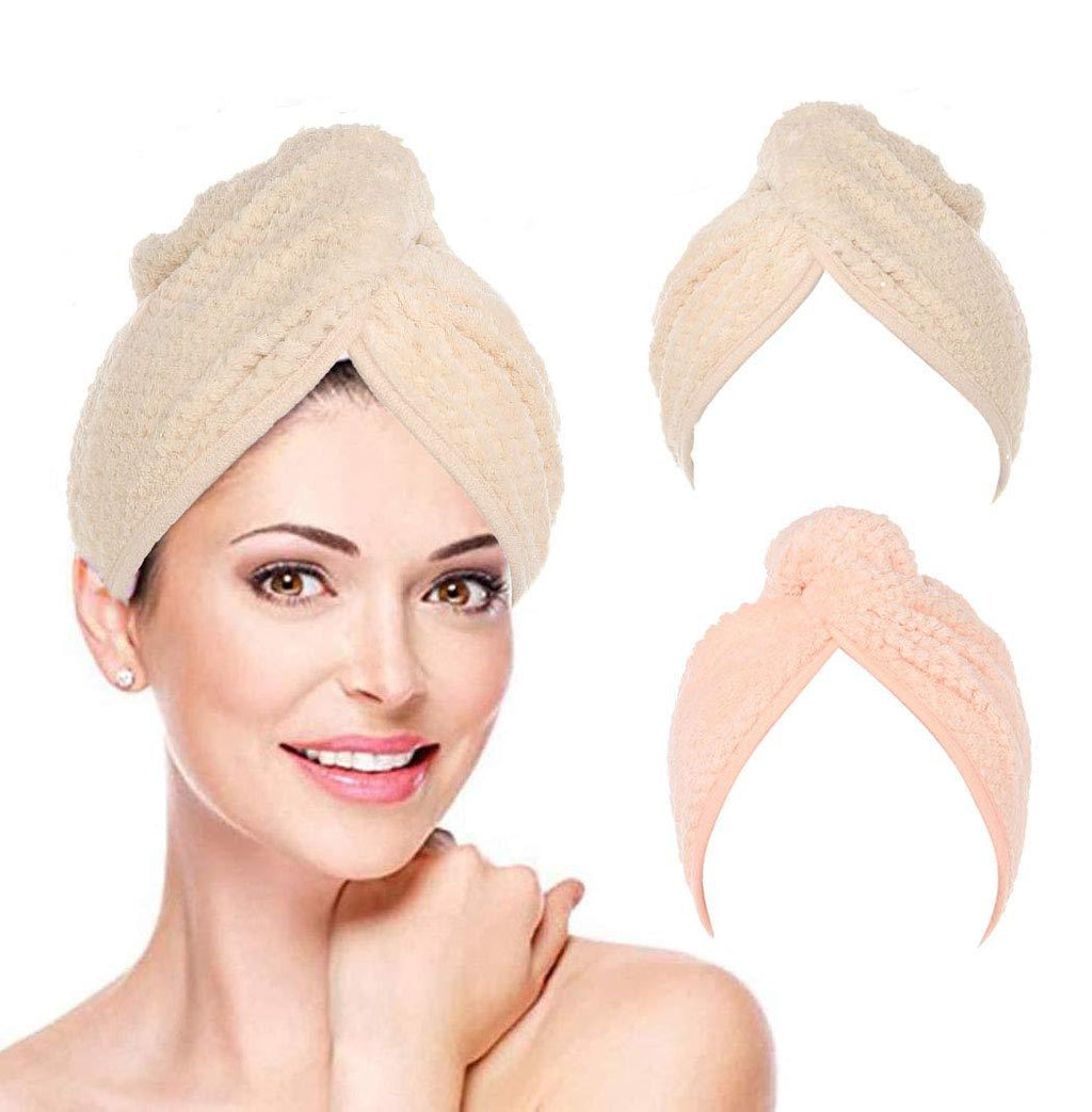 [Australia] - Avanlin Hair Towel Wraps Pink Absorbent Twist Turban Drying Hair Caps with Button Hair Drying Towels for Curly Long and Thick Hair for Women and Girls Pack of 2 