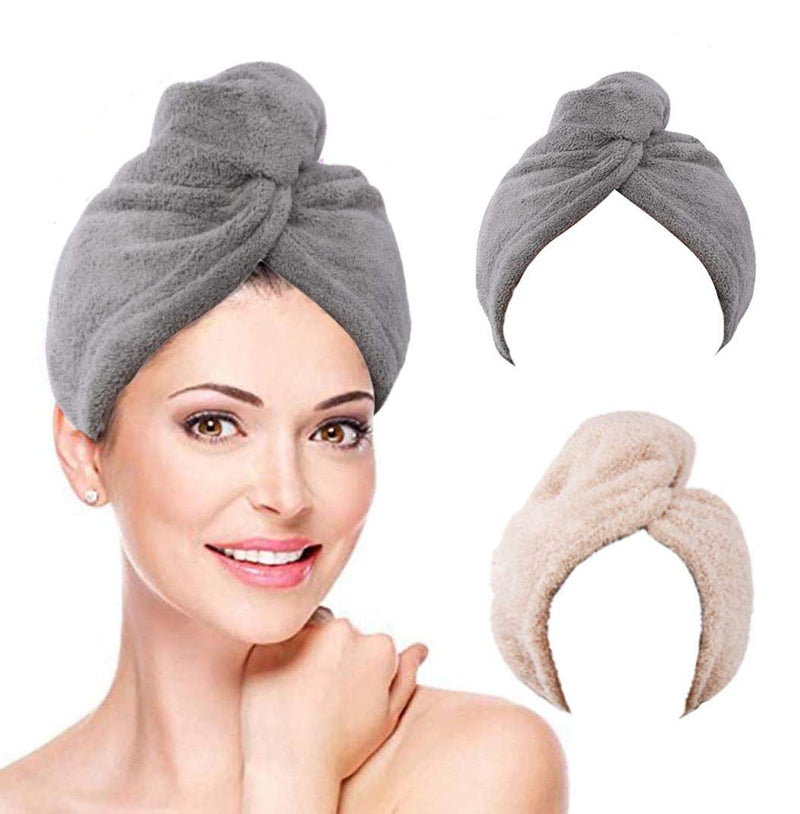 [Australia] - Avanlin Hair Towel Wraps Grey Absorbent Twist Turban Drying Hair Caps with Button Hair Drying Towels for Curly Long and Thick Hair for Women and Girls Pack of 2 