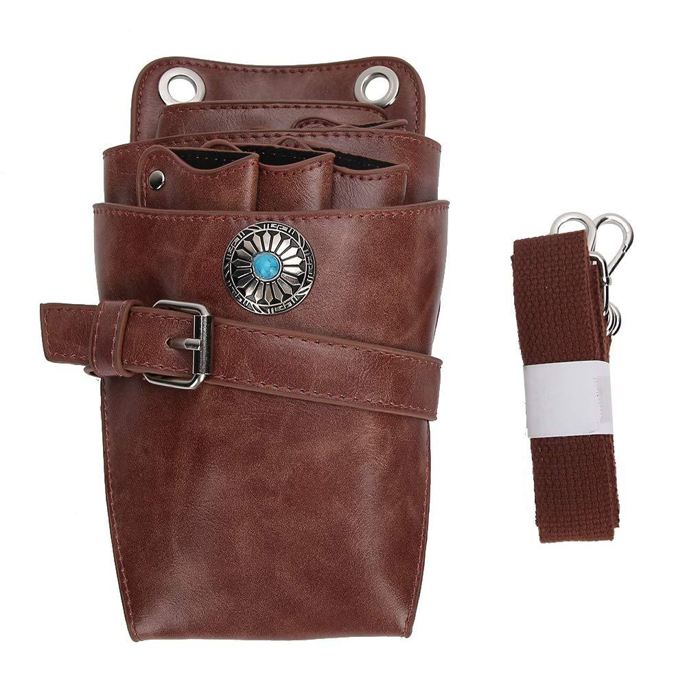 [Australia] - Hair Scissor Holster Pouch with Waist Shoulder Belt for Hairdressers Barber PU Leather Shears Hairdressing Tool Case Bag Holder Brown 