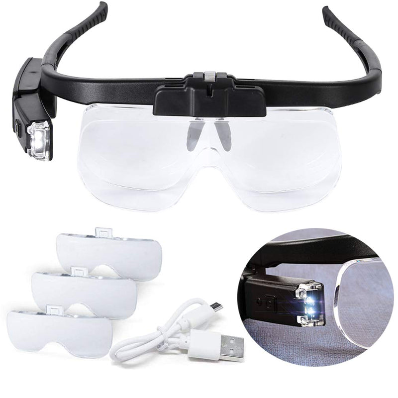 [Australia] - Magnifying Glass with Led Light for Close Work, USB Rechargeable Head Magnifier Glasses Hands Free for Cross Stitch Painting Sewing Crafts Reading, 3 Replacement Lenses 1.5X, 2X, 2.5X Magnification 