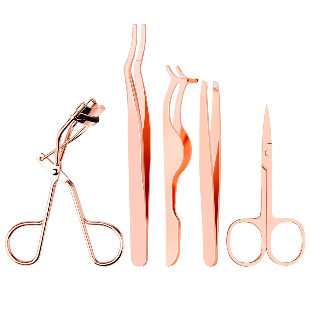 [Australia] - Yiwoo 5 Pieces Eyelash Applicator Tool-Paste False Eyelash Curler-Trim Eyebrow Curler-Eyebrow Curler-Eyebrow Scissors-Curved Eyelash Curler(Rose Gold） 