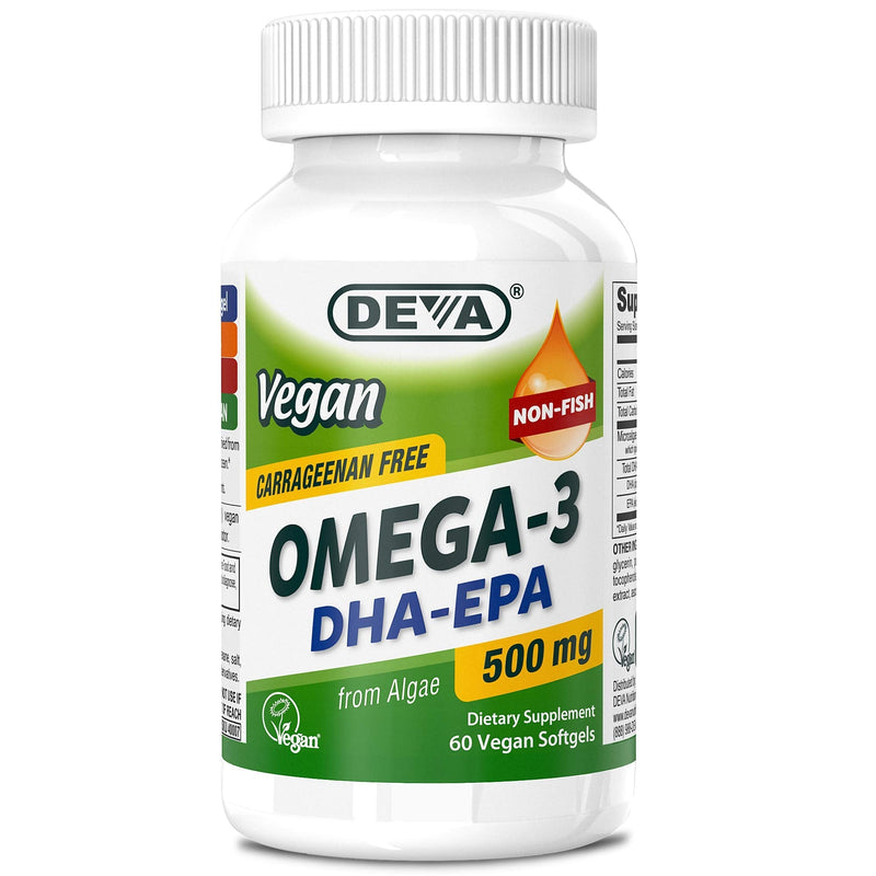 [Australia] - Deva Vegan Omega-3 DHA EPA Supplement - Once-Per-Day Softgel 500 MG - Carrageenan Free - Gelatin Free - Non-Fish - Algae Oil Omega-3 Fatty Acids - 60 Softgels 