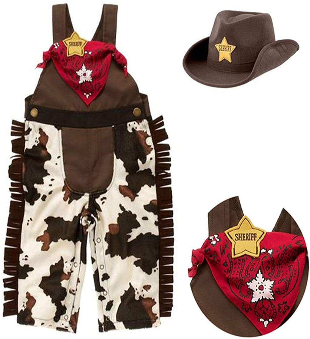 [Australia] - Bilo Store Infant Toddler Baby Boy Sheriff Cowboy Costume Overalls, Hat and Handkerchief 3-Piece Brown 3-6 Months Brown/White 