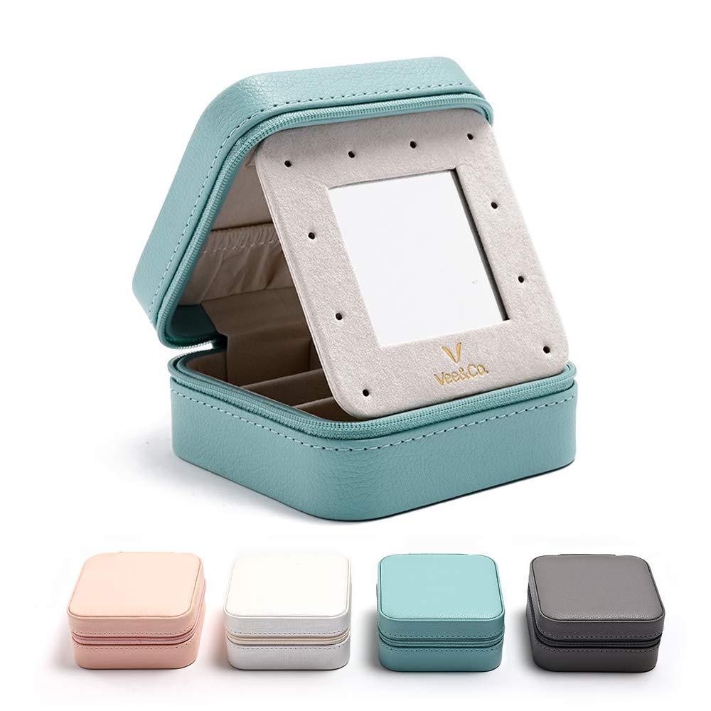 [Australia] - Vee Travel Jewelry Box with Mirror, Small Jewelry Organizer Display Storage Case for Women Girls Earrings Rings Necklaces (Blue) Blue 