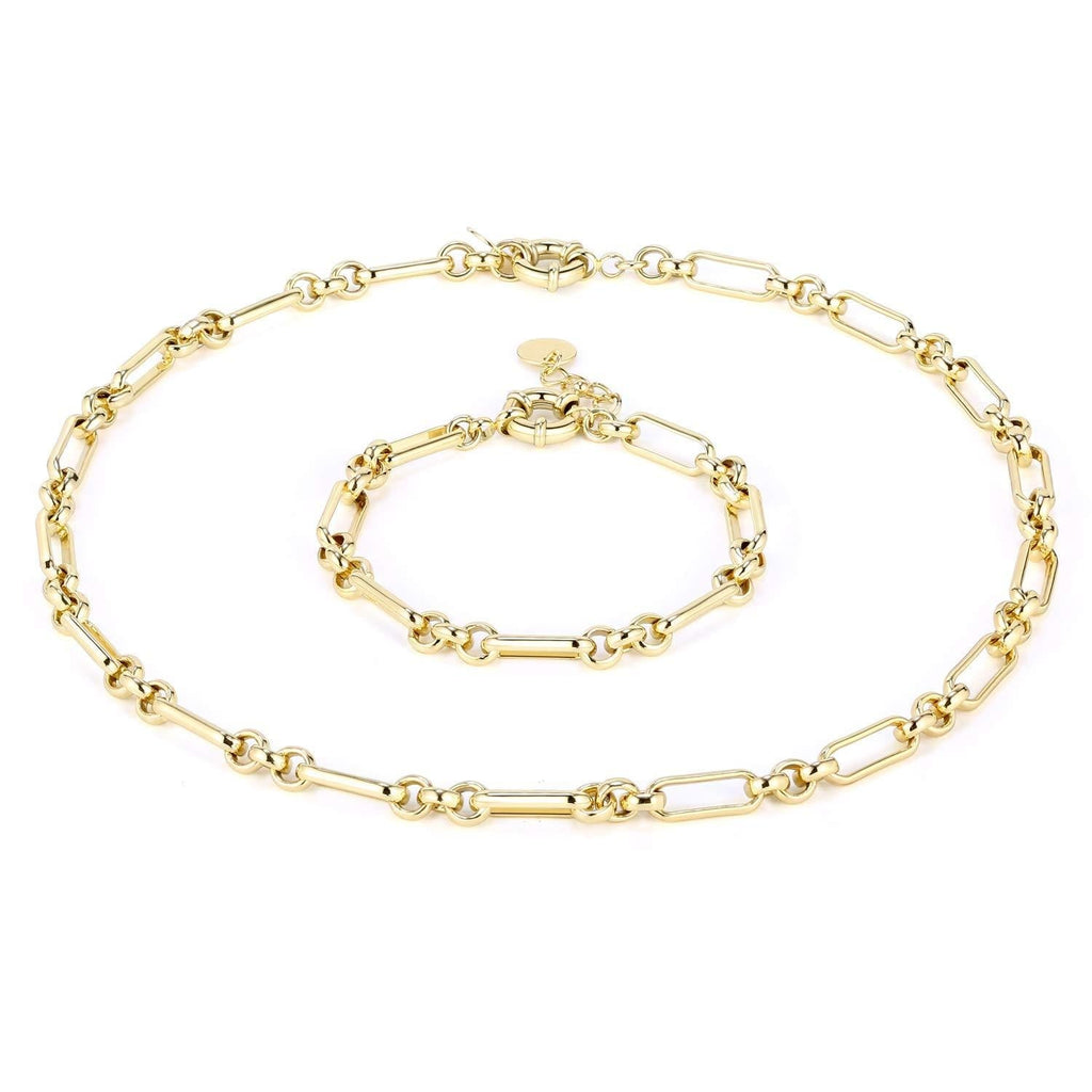 [Australia] - 14K Gold Plated Paperclip Link Chain Necklace Bracelet Set for Women Girls Axiom gold chain 