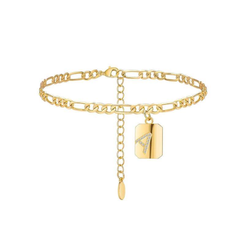 [Australia] - Estendly Initial Anklet 14k Gold Plated 4mm Figaro Chain Square Charm Ankle Bracelet 26 Letters Alphabets Friendship Jewelry for Women A 