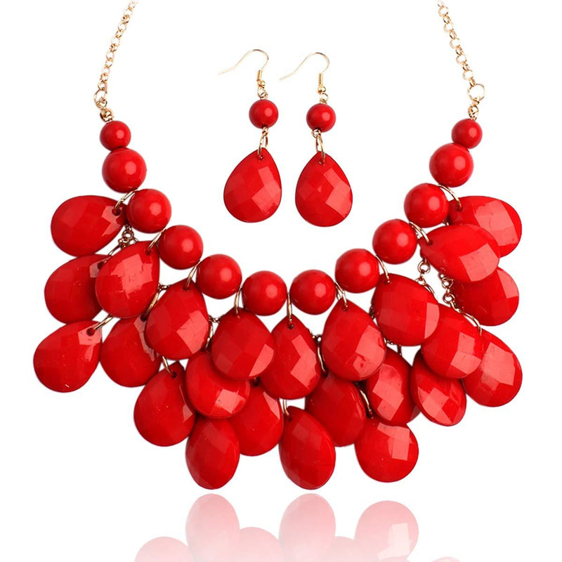 [Australia] - Chunky Acrylic Jewel Cluster Floating Bubble Statement Necklace - Teardrop Dangle Layered Bib Collar Dark Red 