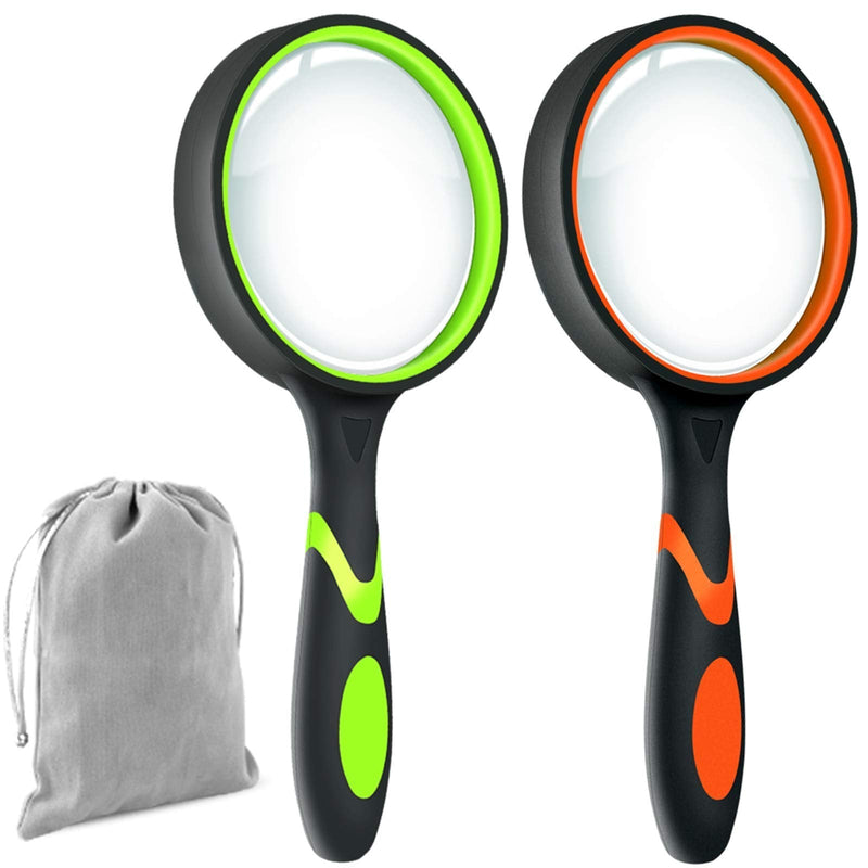 [Australia] - Leffis 2 Pack 10X Magnifying Glass for Seniors & Kids, Non-Slip Handheld Magnifier for Reading, 75mm Magnify Glasses Lens for Close Work, Science and Hobby Observation（Green and Orange 2 Pack(green/Orange) 