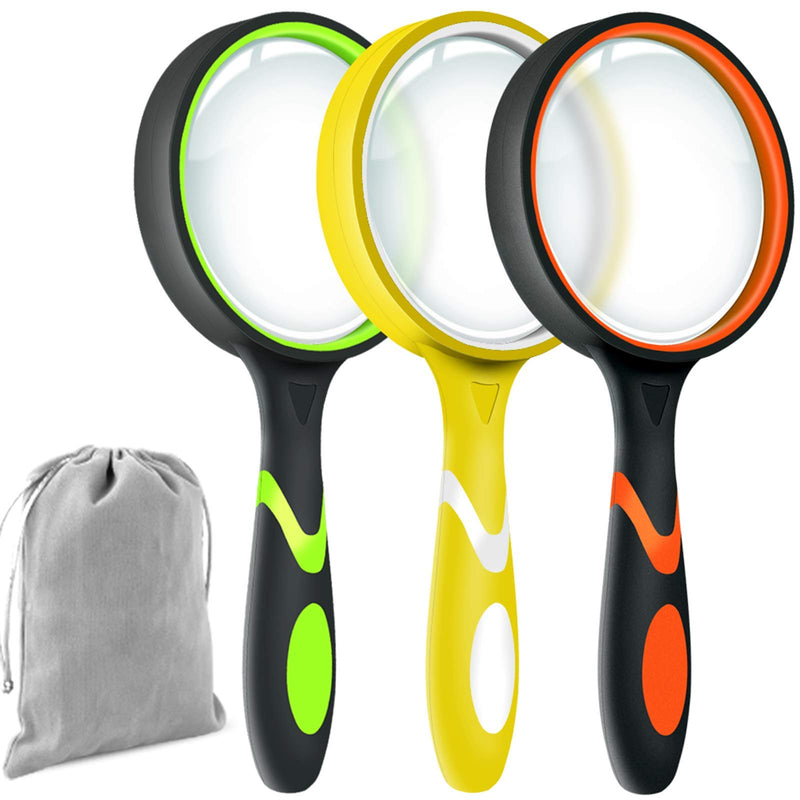 [Australia] - Leffis 3 Pack Magnifying Glass, 10X Non-Slip Handheld Reading Magnifier for Kids and Seniors, 75mm Magnifying Glass Lens for Reading, Classroom Science, and Nature Exploration (Felt Bag Included) 3 Pack(green/Yellow/Orange) 