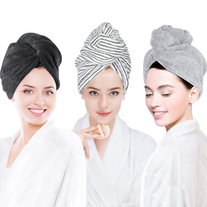 [Australia] - 3 Pack Hair Towel Wrap for Women, Ultra Soft Hair Drying Towels, Anti-Frizz & Super Absorbent Hair Turban, Suitable for Curly, Long & Thick Hair (Gray&Dark Gray&Stripe) 