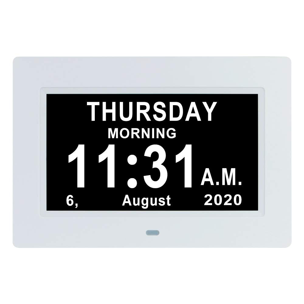 [Australia] - 7 INCH Day Date Time Dementia Clock Extra Large Non-Abbreviated Digital Calendar Day of The Week Clocks for Seniors Elderly with Dementia Impaired Vision Memory Loss 12 Alarm Reminders + Auto-Dimming 7 Inch White 