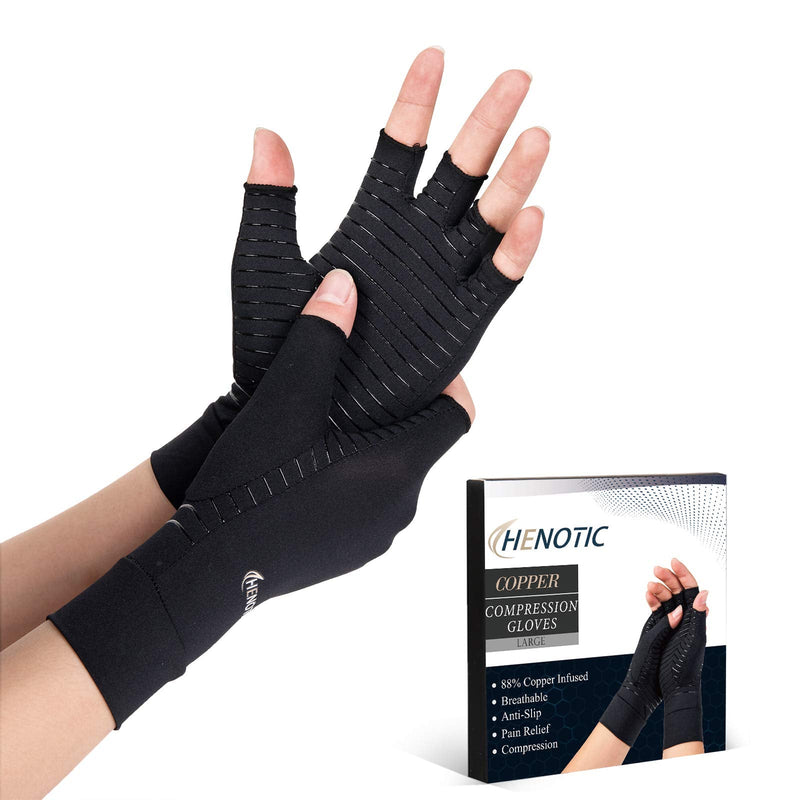 [Australia] - HENOTIC Copper Compression Gloves for Women Men, Fingerless Breathable & Moisture Wicking Arthritis Compression Gloves for Relieving Carpal Tunnel Aches, Rheumatoid Pains, Joint Swell Large: 3 1/8''-3 1/2'' One Pair 