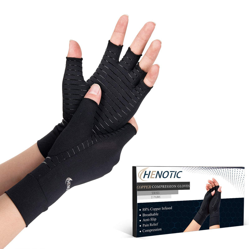 [Australia] - HENOTIC 2 Pairs Copper Compression Gloves for Women Men, Fingerless Breathable & Moisture Wicking Arthritis Compression Gloves for Relieving Carpal Tunnel Aches, Rheumatoid Pains, Joint Swell Small: 2 1/5''-2 3/5'' Two Pairs 