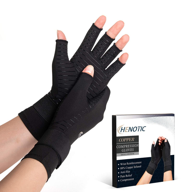 [Australia] - HENOTIC Copper Compression Gloves for Women Men, Wrist Reinforcement Fingerless Arthritis Compression Gloves for Relieving Carpal Tunnel Aches, Rheumatoid Pains, Joint Swell One Pair Small/Medium: 2 3/4"-3 1/2" 