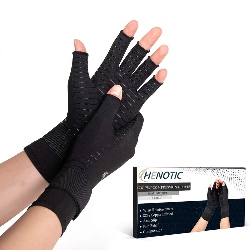 [Australia] - HENOTIC 2 Pairs Copper Compression Gloves for Women Men, Wrist Reinforcement Fingerless Arthritis Compression Gloves for Relieving Carpal Tunnel Aches, Rheumatoid Pains, Joint Swell Two Pairs Small/Medium: 2 3/4"-3 1/2" 