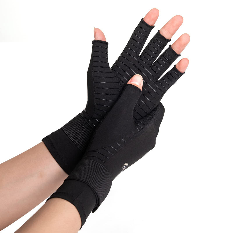 [Australia] - HENOTIC Copper Compression Gloves for Women Men, Wrist Reinforcement Fingerless Arthritis Compression Gloves for Relieving Carpal Tunnel Aches, Rheumatoid Pains, Joint Swell One Pair Large/X-Large: 3 3/4"-4 1/2" 