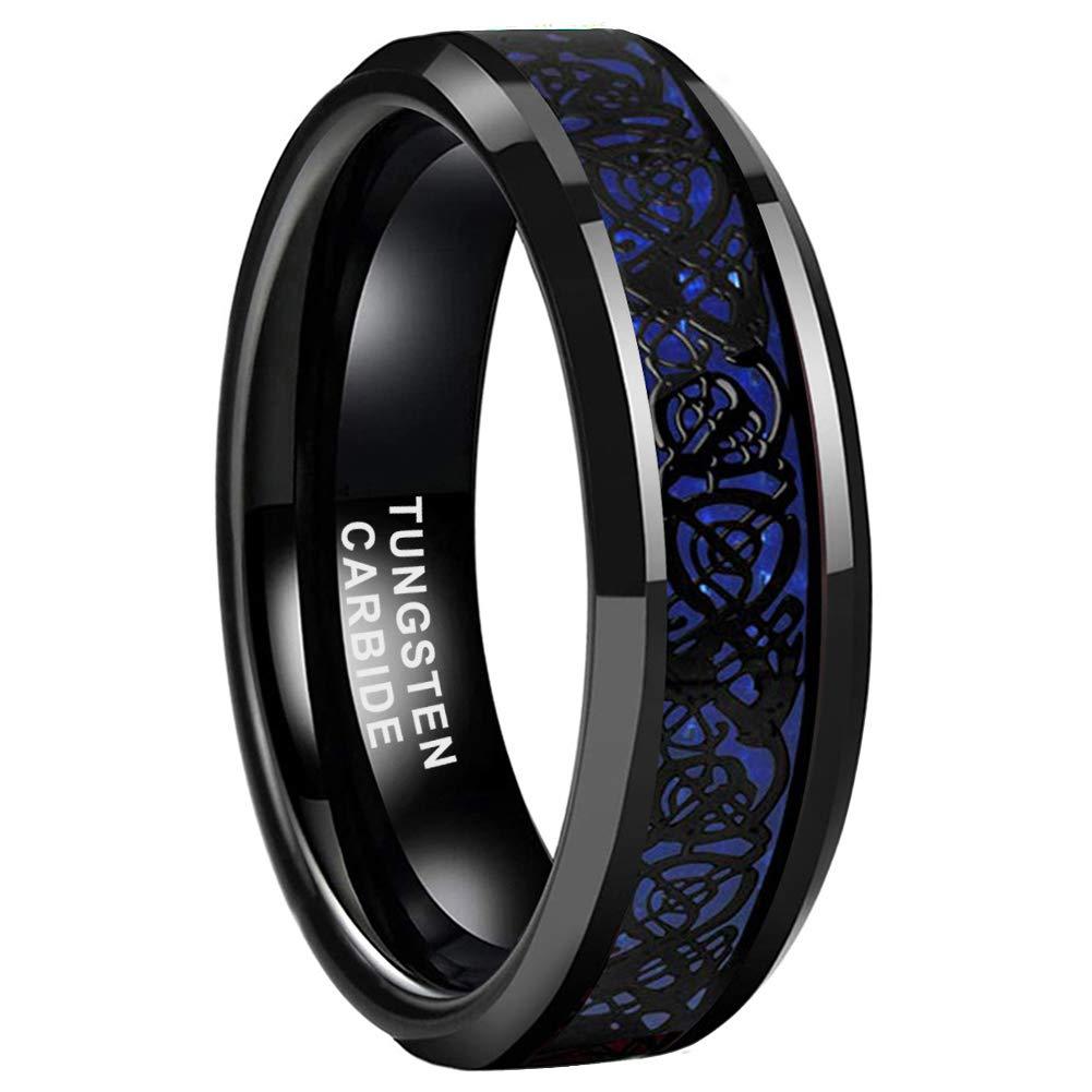 [Australia] - BestTungsten 6mm 8mm Black Tungsten Carbide Rings for Men Women Wedding Bands Celtic Dragon Purple Green Blue Red Carbon Fiber Inlay Beveled Edges Polished Comfort Fit 6mm Black Tungsten Blue Fiber Black Dragon 5 