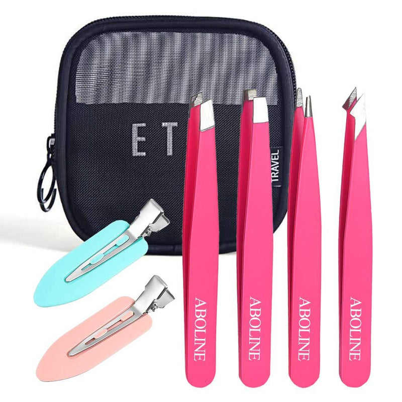 [Australia] - Tweezers Set,ABOLINE 4 Pieces Professional Stainless Steel Tweezers, Best Precision Tweezers for Eyebrows, Ingrown&Facial Hair,Blackhead and Lash Extension with Travel Bag No Bend Hair Clips(Hot Pink) Hot Pink 