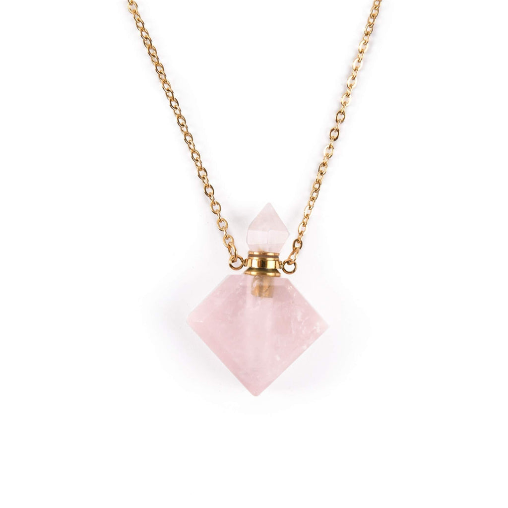 [Australia] - YGLINE Crystal Necklaces Faceted Crystal Stone Perfume Bottle Pendant for Women Diffuser Necklaces Rhombus-Rose Quartz 