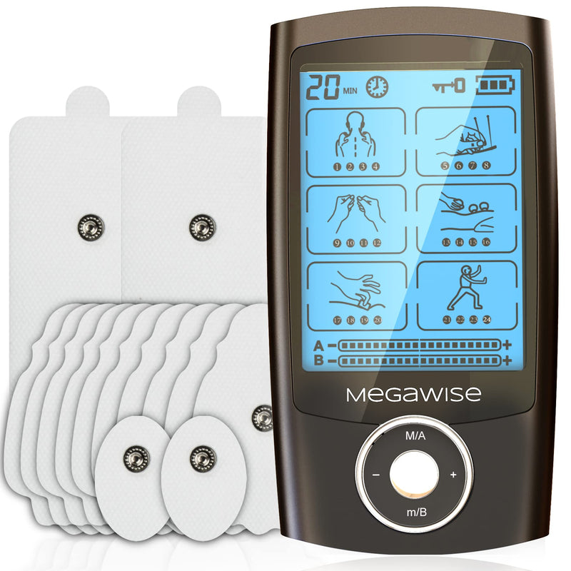 [Australia] - MegaWise 48 Modes（24 * 2） Dual Channel EMS TENS Unit Muscle Stimulator with 14Pcs Reusable Electrode Pads. Rechargeable Continuous Mode Electronic Pulse Massager with Storage Pouch/Pads Holder 