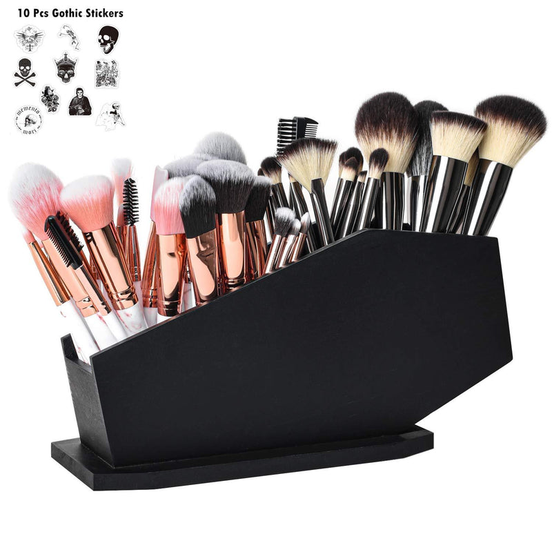 [Australia] - Gothvanity Coffin Brush Holder - Gothic Desk Organizer - Wooden Coffin Pen Holder -Spooky Decor for Bathroom, Living Room or Bedroom- Black - 10x 5x3.25 Inches 