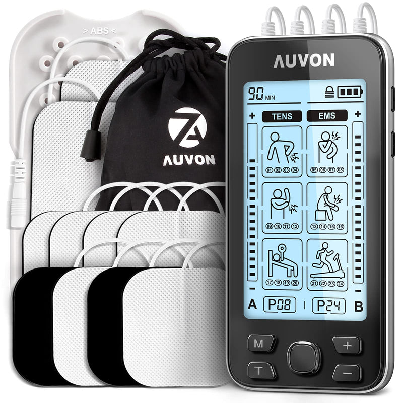 [Australia] - AUVON 4 Outputs TENS Unit EMS Muscle Stimulator Machine for Pain Relief Therapy with 24 Modes Electric Pulse Massager, 2" and 2"x4" Electrodes Pads (Black) A-black 