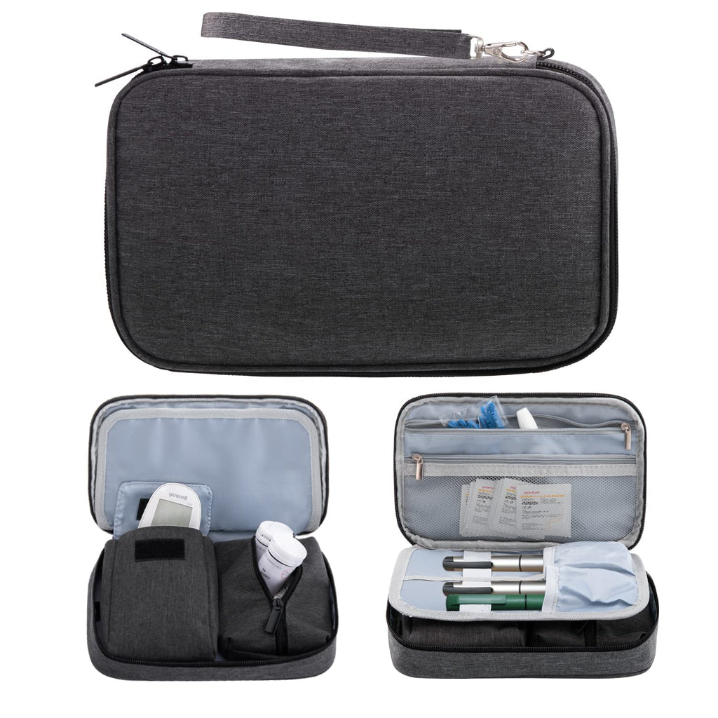 [Australia] - KGMCARE Diabetic Supplies Travel Case with 2 Detachable Pouches, Double Layer Diabetic Supplies Storage Bag for Insulin Pens, Blood Glucose Meter-Bag Only(Dark Gray) Dark Gray 
