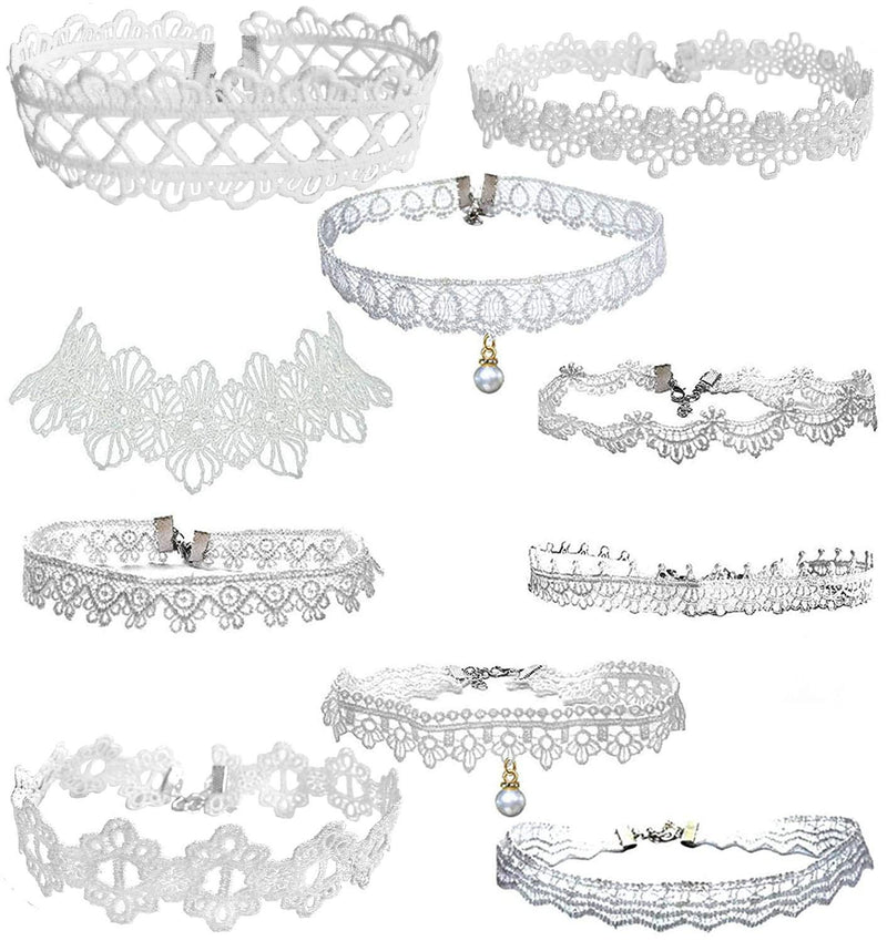 [Australia] - LINKY 10pcs White Lace Choker Necklace Women Girls Jewelry Set Silver 