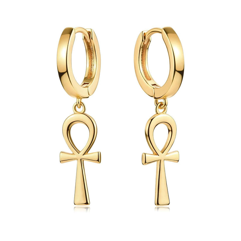 [Australia] - Fettero Gold Huggie Hoop Earrings Star Cross Lock Lightning Spike Evil Eye Fan Bead Dangle Drop Snake Sleeper 14K Gold Plated Dainty Minimalist Simple Boho Hypoallergenic Jewelry Gift for Women Men Ankh Cross 