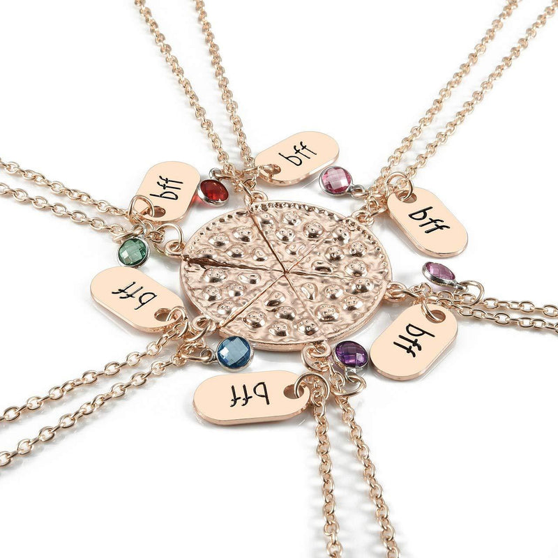 [Australia] - Top Plaza Womens Silver Tone Rhinestone Best Friends Forever BFF Necklace Engraved Pizza Pendant Necklaces 21 Inches - Set of 6 Rose Gold 