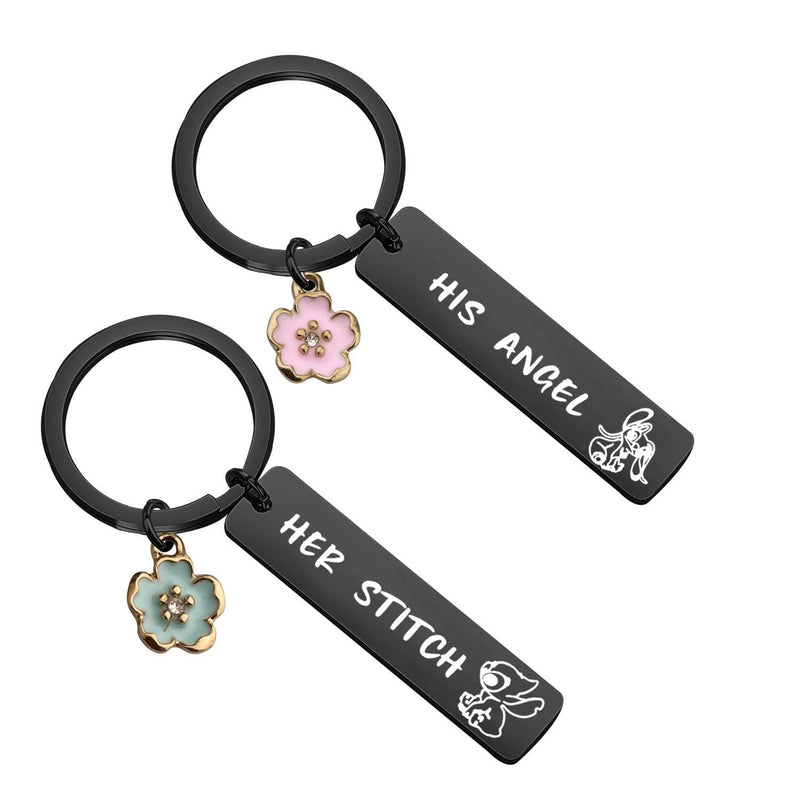 [Australia] - CYTING Her Stitch His Angel Keychain Set With Hibiscus Flower Charm Hawaiian Jewelry Gift For Couples Family Best Friends Her Stitch His Angel-black 